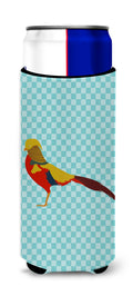 Golden or Chinese Pheasant Blue Check Slim Can Hugger , Insulated Foam Hugger for 12 oz Slim Cans, Beer Bottles & Water Bottles, Printed in USA