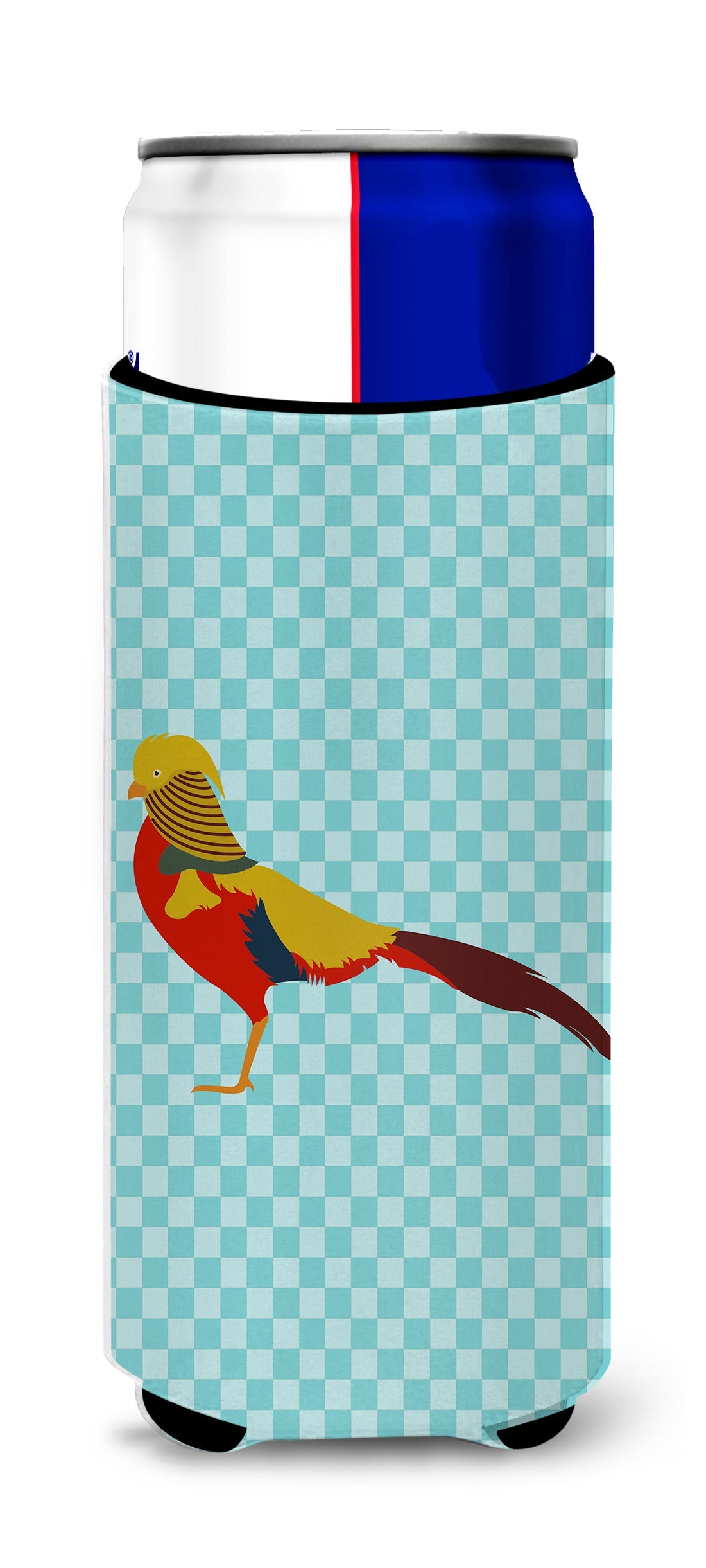 Golden or Chinese Pheasant Blue Check Slim Can Hugger , Insulated Foam Hugger for 12 oz Slim Cans, Beer Bottles & Water Bottles, Printed in USA