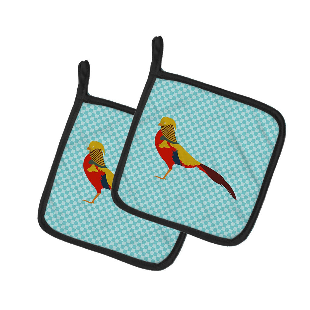 Golden or Chinese Pheasant Blue Check Pot Holder Set of 2 Heat Resistant Quilted Hot Pads 7.5 x 7.5 Inch, Insulated Kitchen Trivets for Cooking & Baking