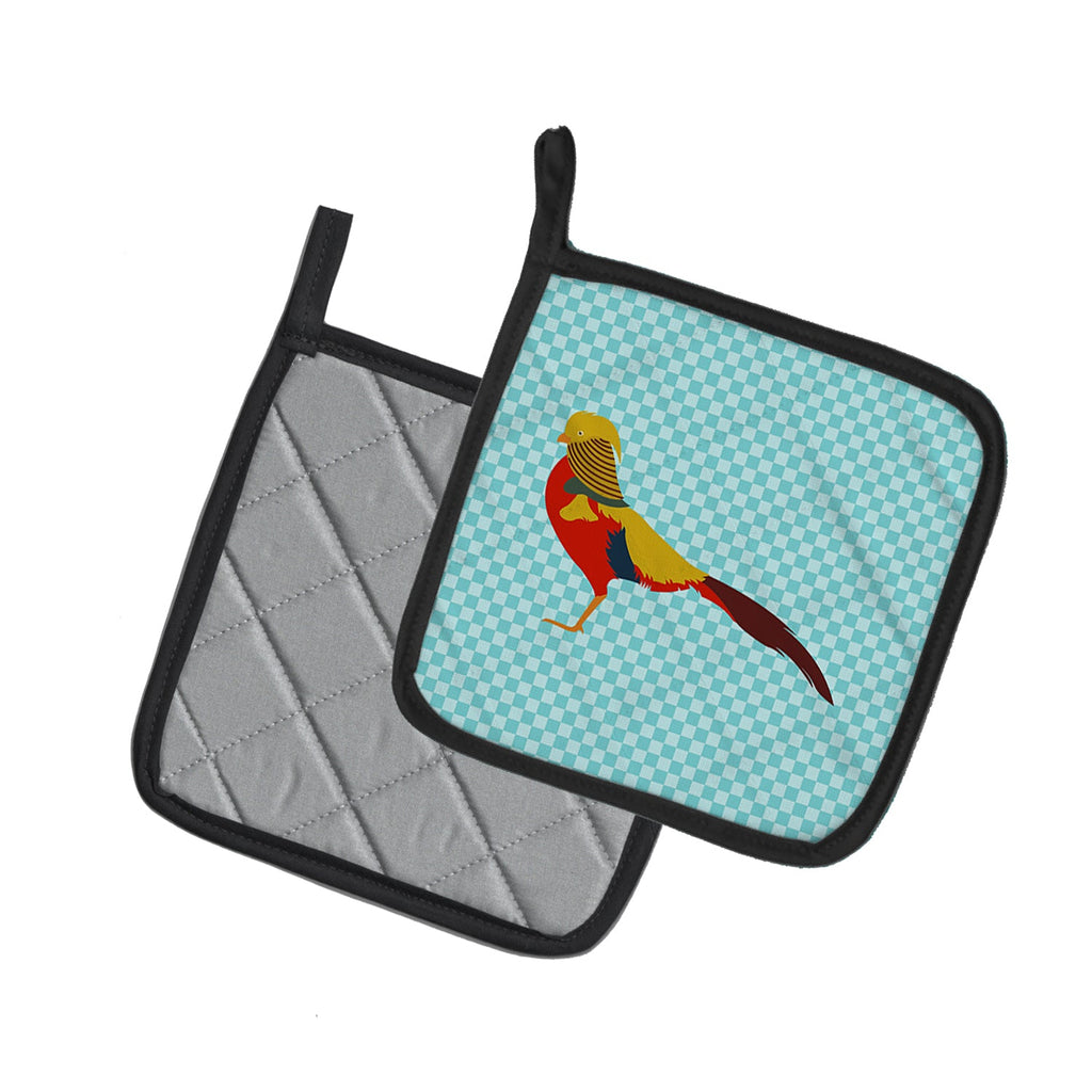 Golden or Chinese Pheasant Blue Check Pot Holder Set of 2 Heat Resistant Quilted Hot Pads 7.5 x 7.5 Inch, Insulated Kitchen Trivets for Cooking & Baking