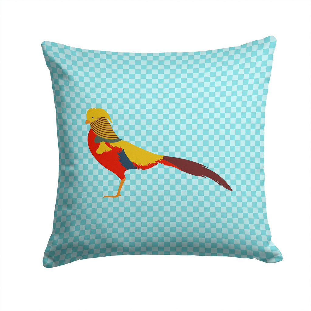 Golden or Chinese Pheasant Blue Check Decorative Throw Pillow 14x14 Indoor Outdoor Accent Cushion, Fabric Cover with Insert for Sofa, Bed, Porch & Living Room