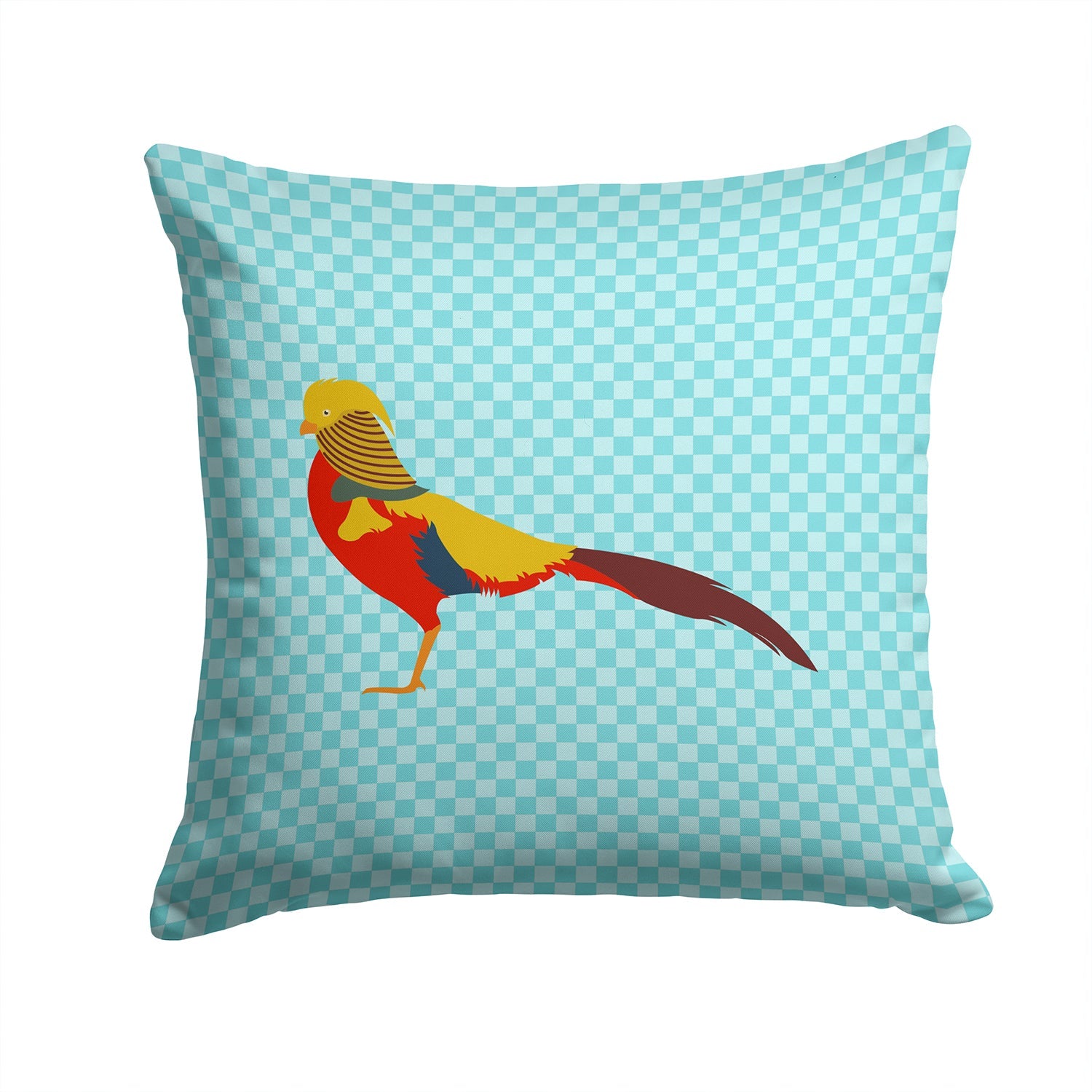 Golden or Chinese Pheasant Blue Check Decorative Throw Pillow 14x14 Indoor Outdoor Accent Cushion, Fabric Cover with Insert for Sofa, Bed, Porch & Living Room