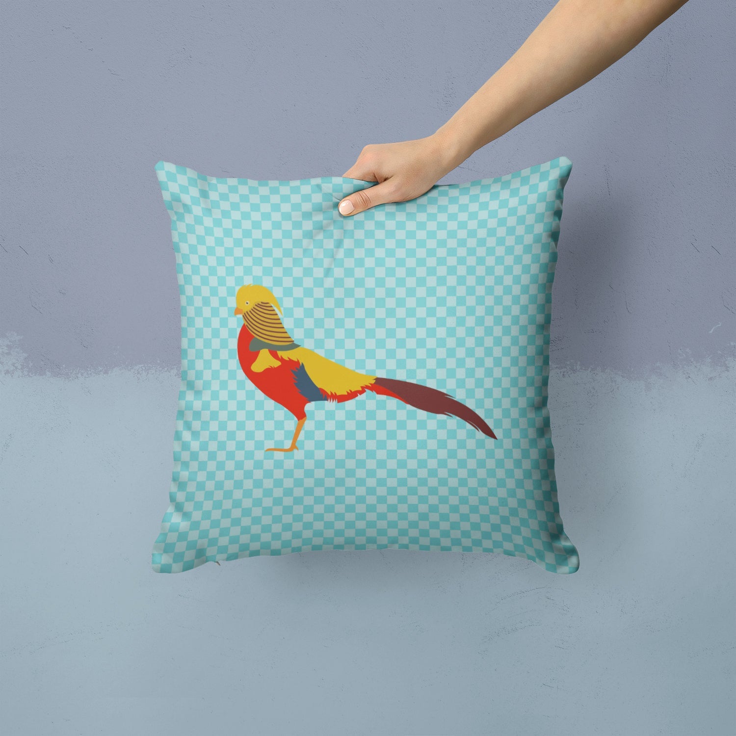 Golden or Chinese Pheasant Blue Check Decorative Throw Pillow 14x14 Indoor Outdoor Accent Cushion, Fabric Cover with Insert for Sofa, Bed, Porch & Living Room
