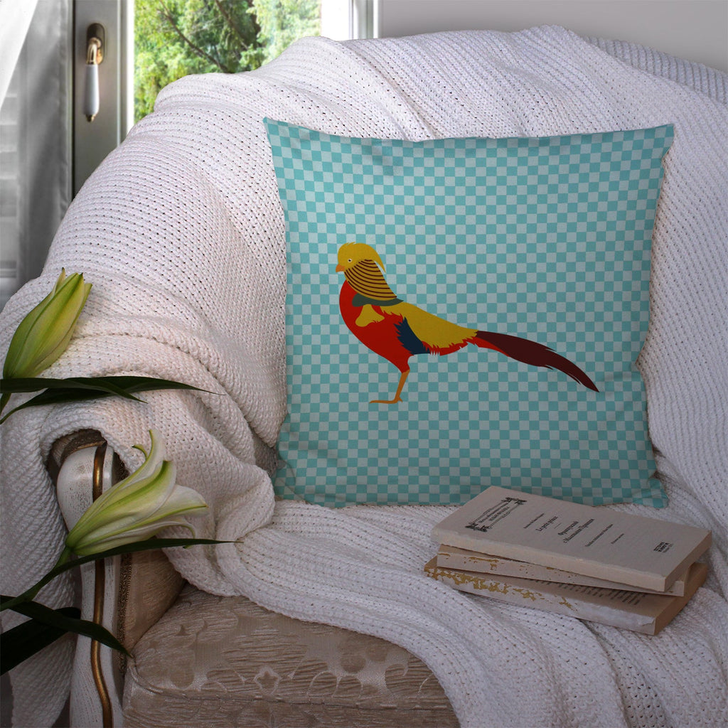 Golden or Chinese Pheasant Blue Check Decorative Throw Pillow 14x14 Indoor Outdoor Accent Cushion, Fabric Cover with Insert for Sofa, Bed, Porch & Living Room