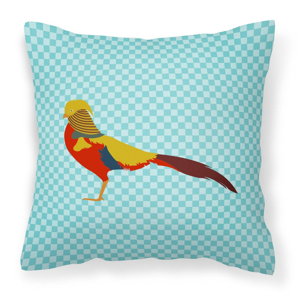 Golden or Chinese Pheasant Blue Check Decorative Throw Pillow 18x18 Indoor Outdoor Accent Cushion, Fabric Cover with Insert for Sofa, Bed, Porch & Living Room