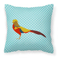 Golden or Chinese Pheasant Blue Check Decorative Throw Pillow 18x18 Indoor Outdoor Accent Cushion, Fabric Cover with Insert for Sofa, Bed, Porch & Living Room