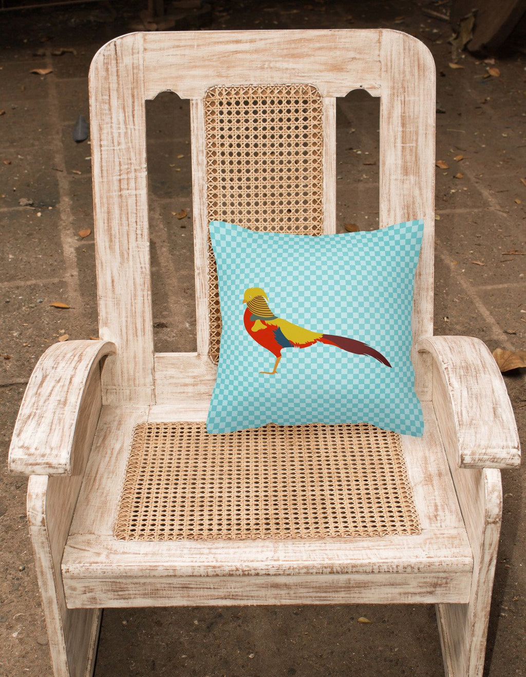 Golden or Chinese Pheasant Blue Check Decorative Throw Pillow 18x18 Indoor Outdoor Accent Cushion, Fabric Cover with Insert for Sofa, Bed, Porch & Living Room
