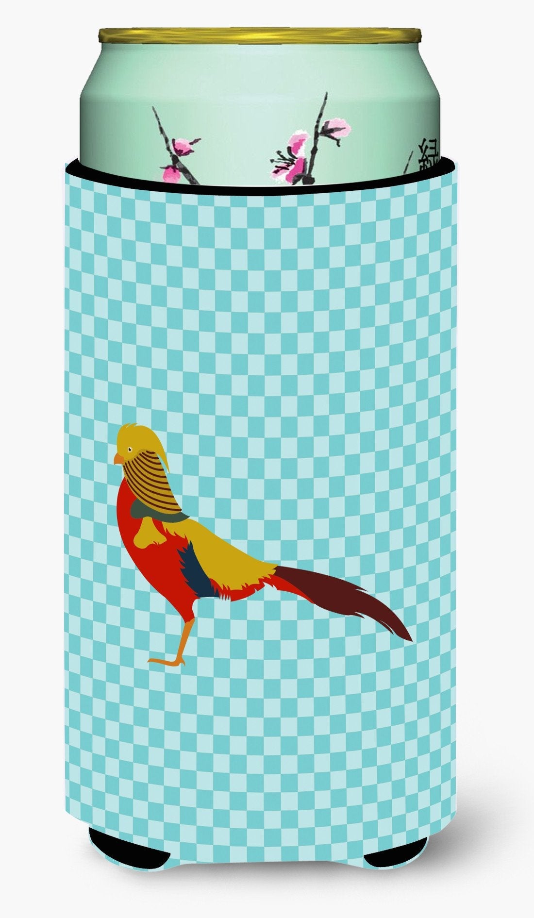 Golden or Chinese Pheasant Blue Check Tall Boy Hugger Can Cooler Sleeve Machine Washable Drink Collapsible Insulator Beverage Insulated Holder