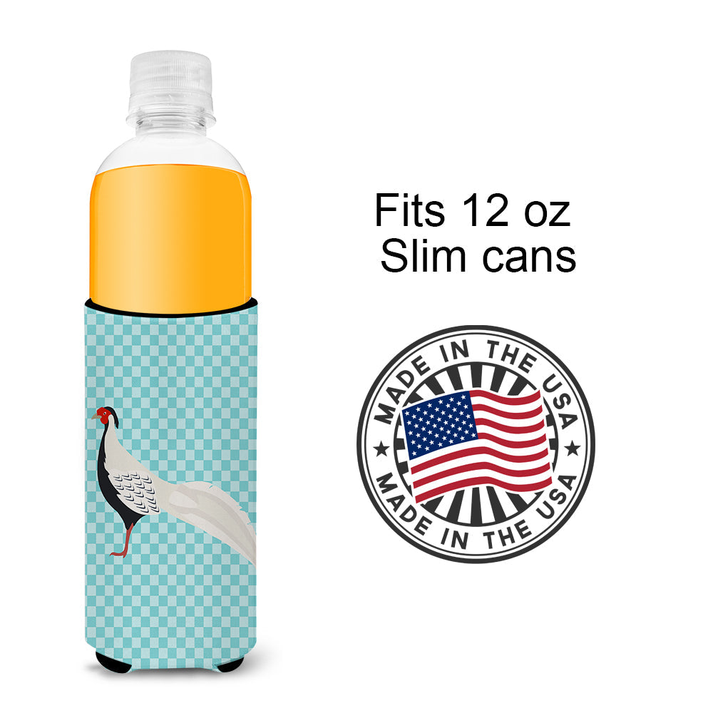 Silver Pheasant Blue Check Slim Can Hugger , Insulated Foam Hugger for 12 oz Slim Cans, Beer Bottles & Water Bottles, Printed in USA