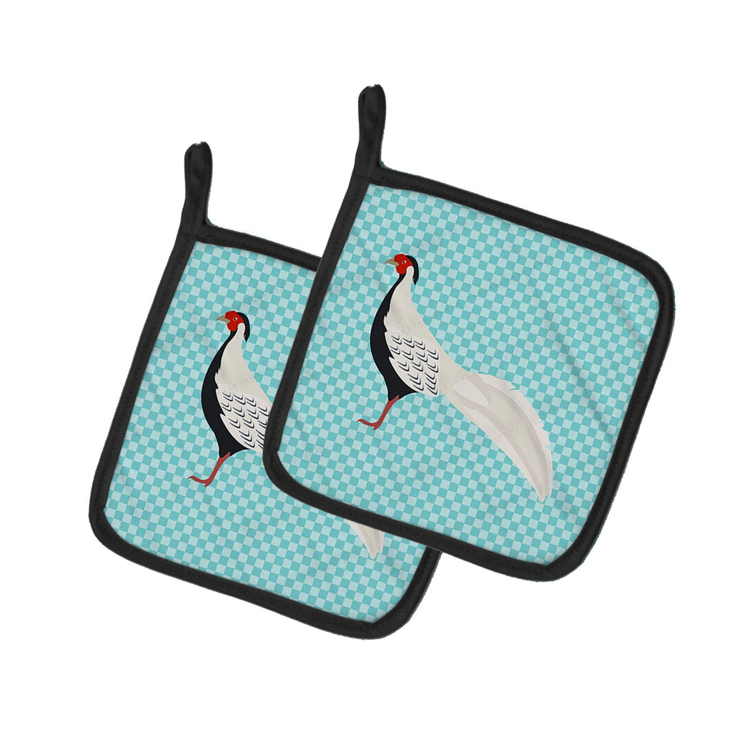 Silver Pheasant Blue Check Pot Holder Set of 2 Heat Resistant Quilted Hot Pads 7.5 x 7.5 Inch, Insulated Kitchen Trivets for Cooking & Baking