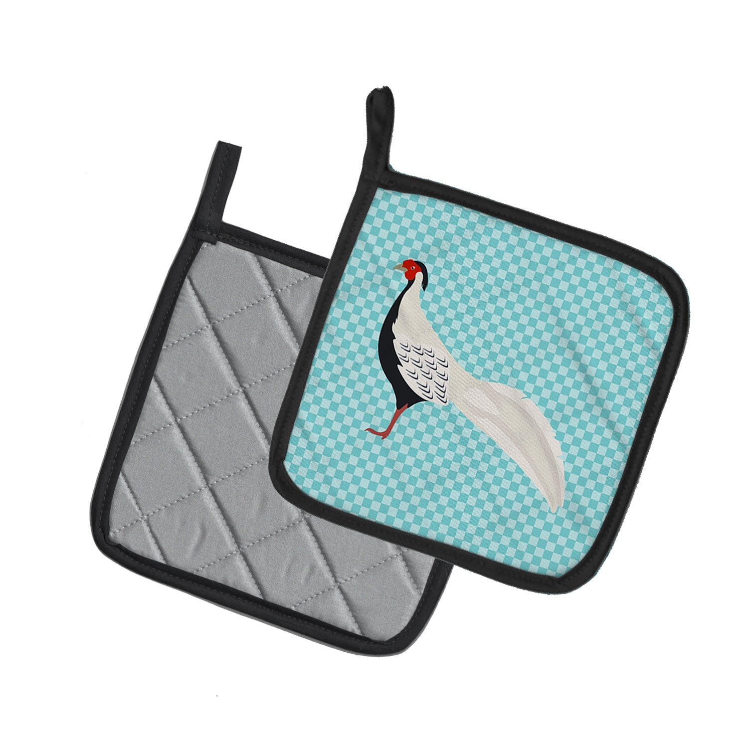 Silver Pheasant Blue Check Pot Holder Set of 2 Heat Resistant Quilted Hot Pads 7.5 x 7.5 Inch, Insulated Kitchen Trivets for Cooking & Baking