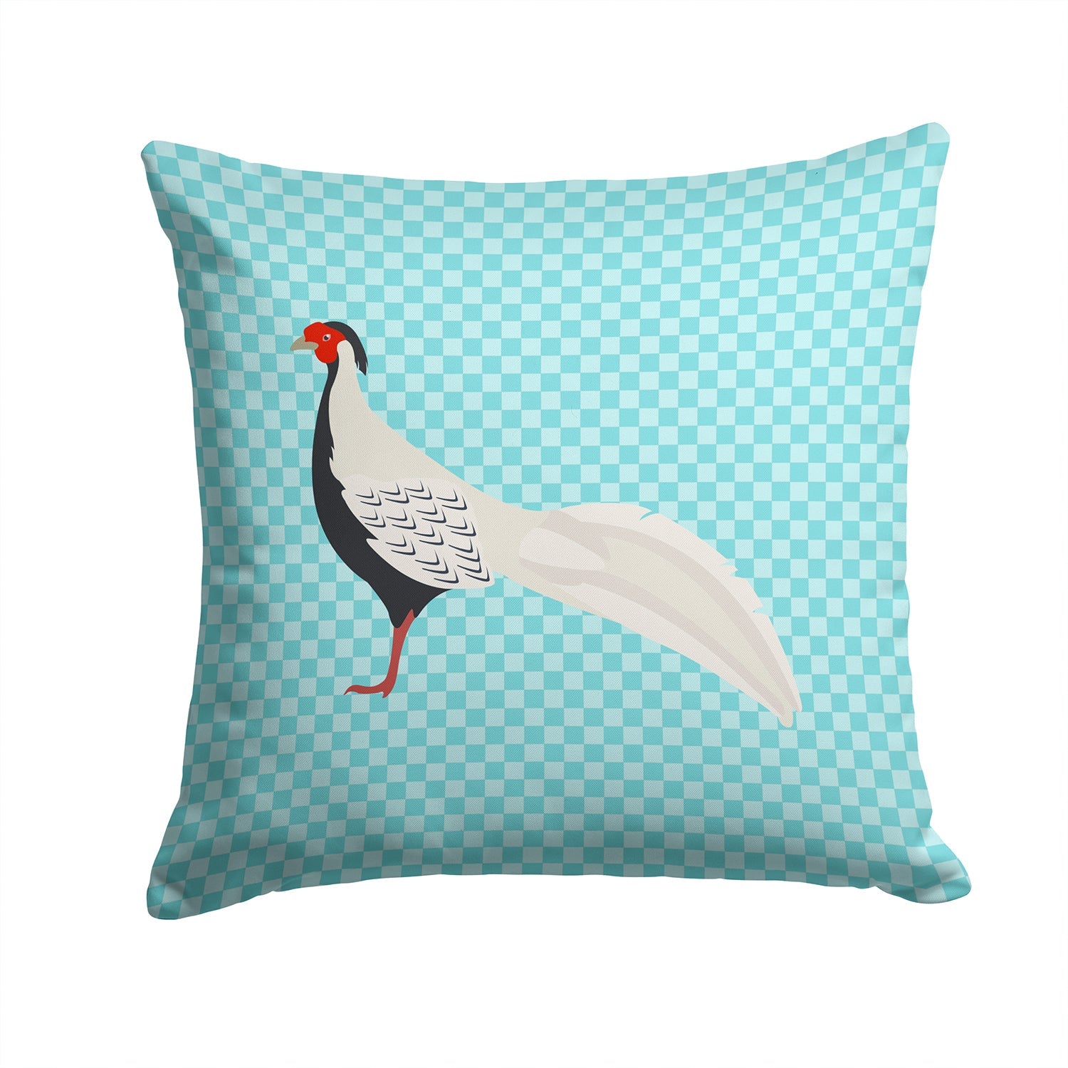 Silver Pheasant Blue Check Decorative Throw Pillow 14x14 Indoor Outdoor Accent Cushion, Fabric Cover with Insert for Sofa, Bed, Porch & Living Room