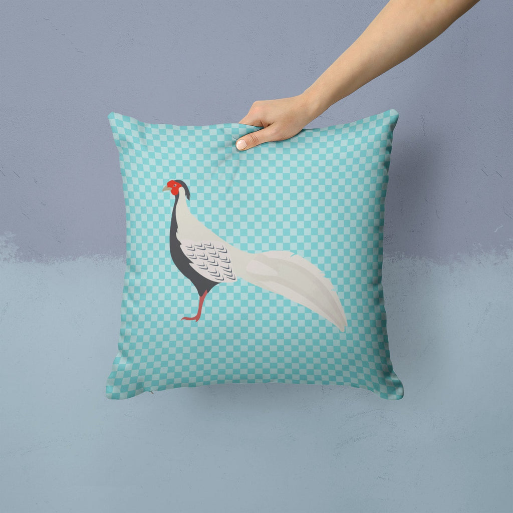 Silver Pheasant Blue Check Decorative Throw Pillow 14x14 Indoor Outdoor Accent Cushion, Fabric Cover with Insert for Sofa, Bed, Porch & Living Room