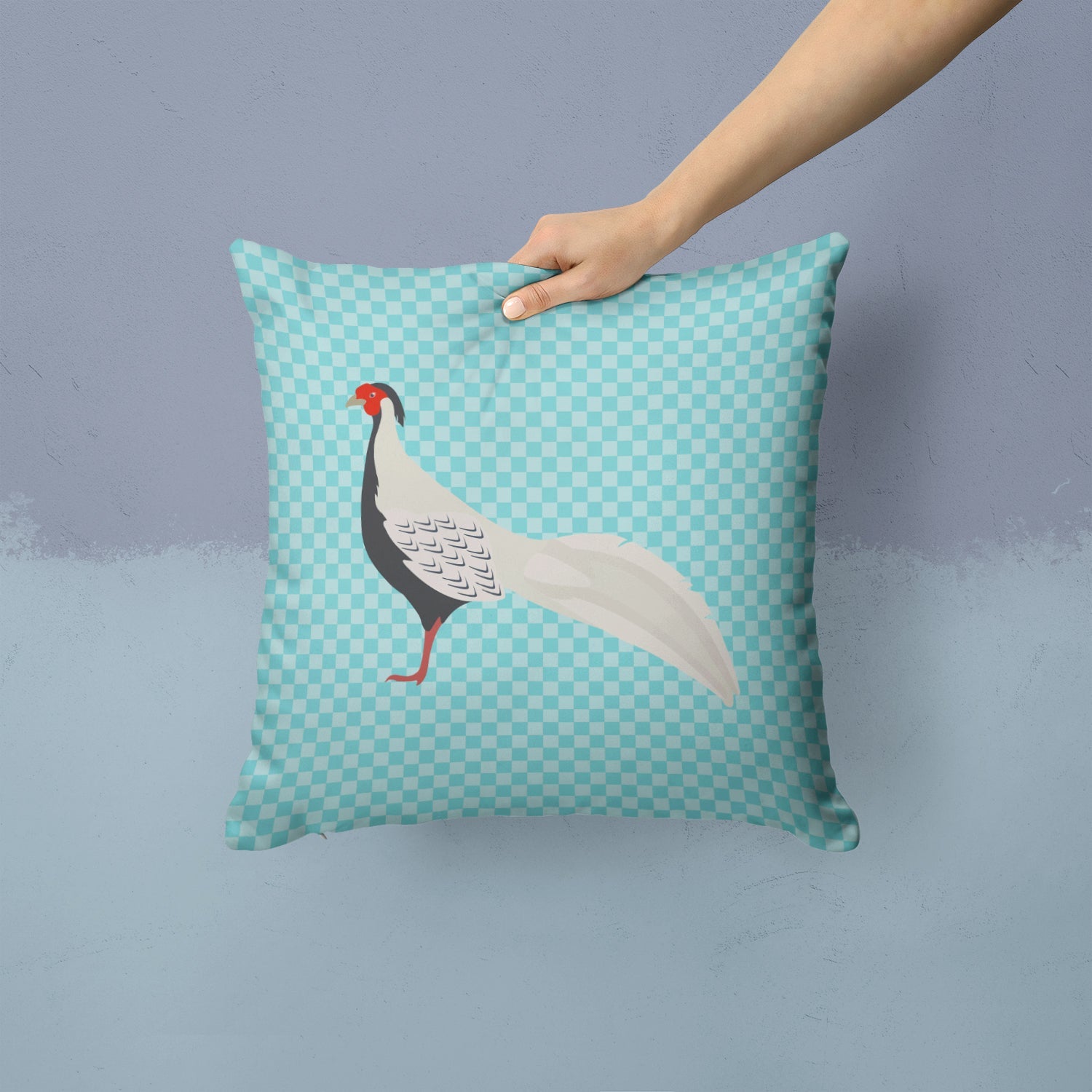 Silver Pheasant Blue Check Decorative Throw Pillow 14x14 Indoor Outdoor Accent Cushion, Fabric Cover with Insert for Sofa, Bed, Porch & Living Room