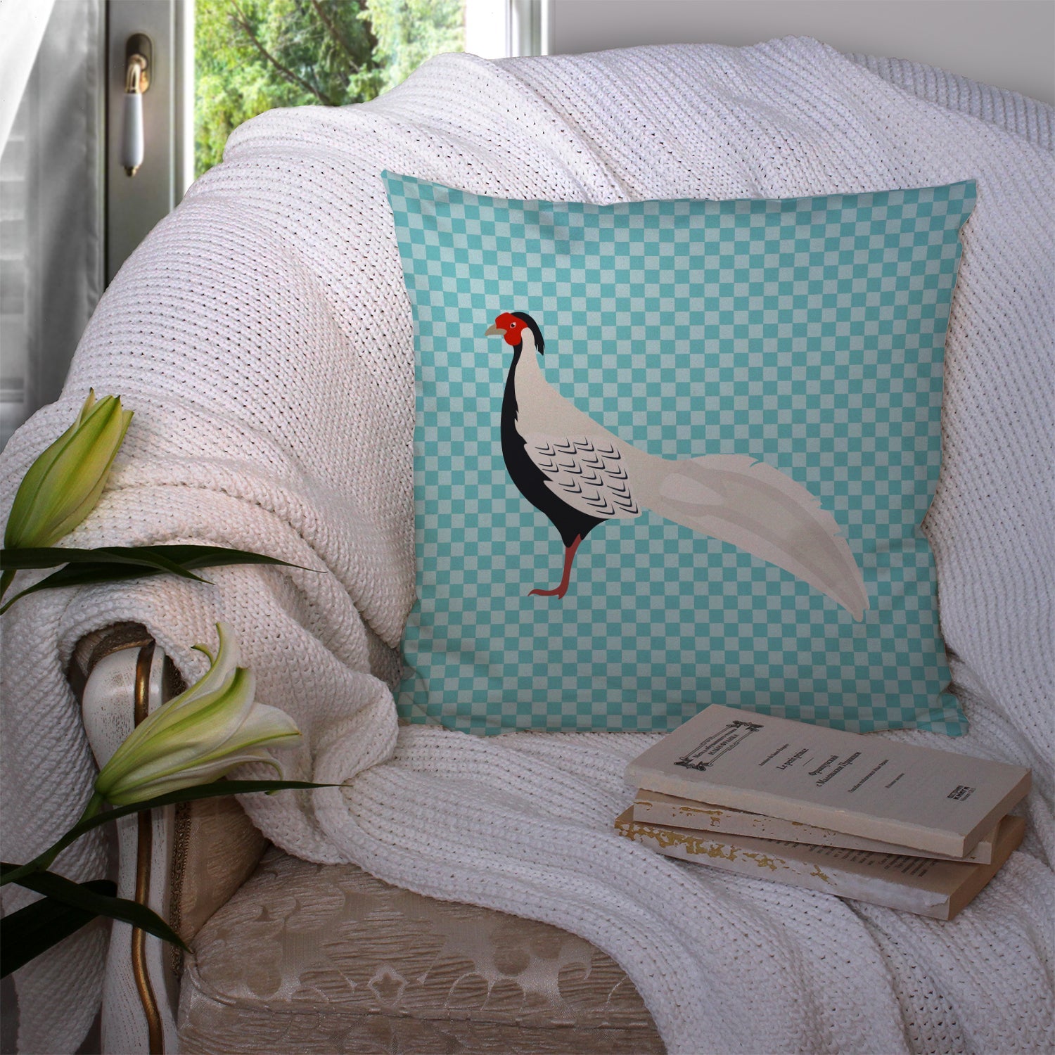 Silver Pheasant Blue Check Decorative Throw Pillow 14x14 Indoor Outdoor Accent Cushion, Fabric Cover with Insert for Sofa, Bed, Porch & Living Room