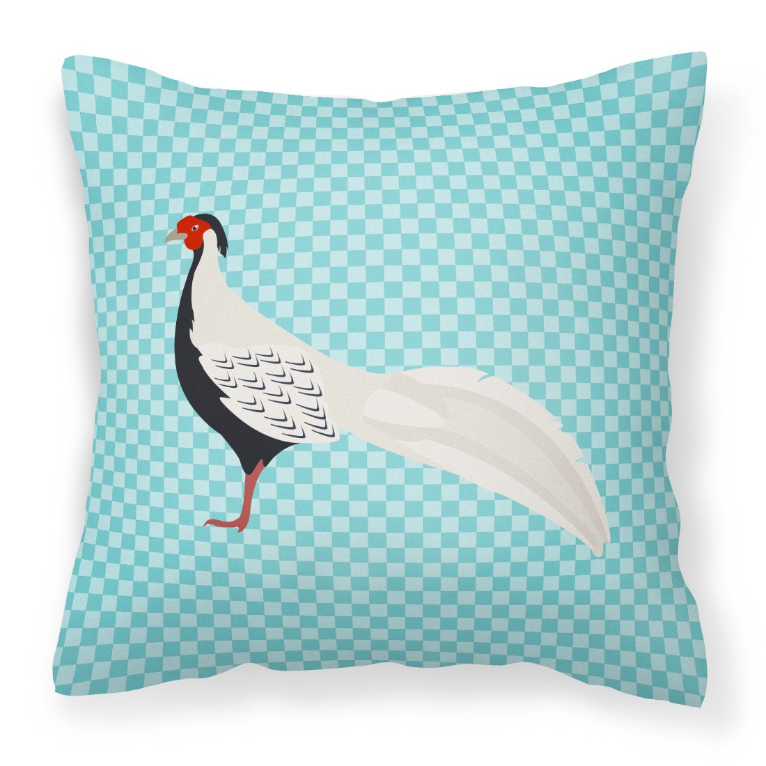 Silver Pheasant Blue Check Decorative Throw Pillow 18x18 Indoor Outdoor Accent Cushion, Fabric Cover with Insert for Sofa, Bed, Porch & Living Room