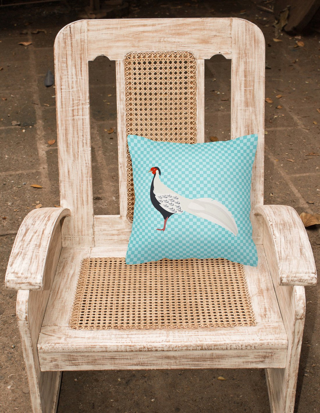 Silver Pheasant Blue Check Decorative Throw Pillow 18x18 Indoor Outdoor Accent Cushion, Fabric Cover with Insert for Sofa, Bed, Porch & Living Room