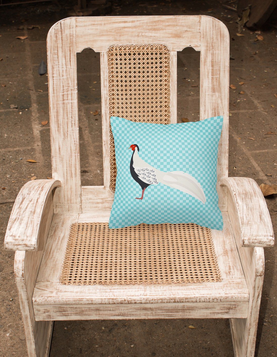Silver Pheasant Blue Check Decorative Throw Pillow 18x18 Indoor Outdoor Accent Cushion, Fabric Cover with Insert for Sofa, Bed, Porch & Living Room