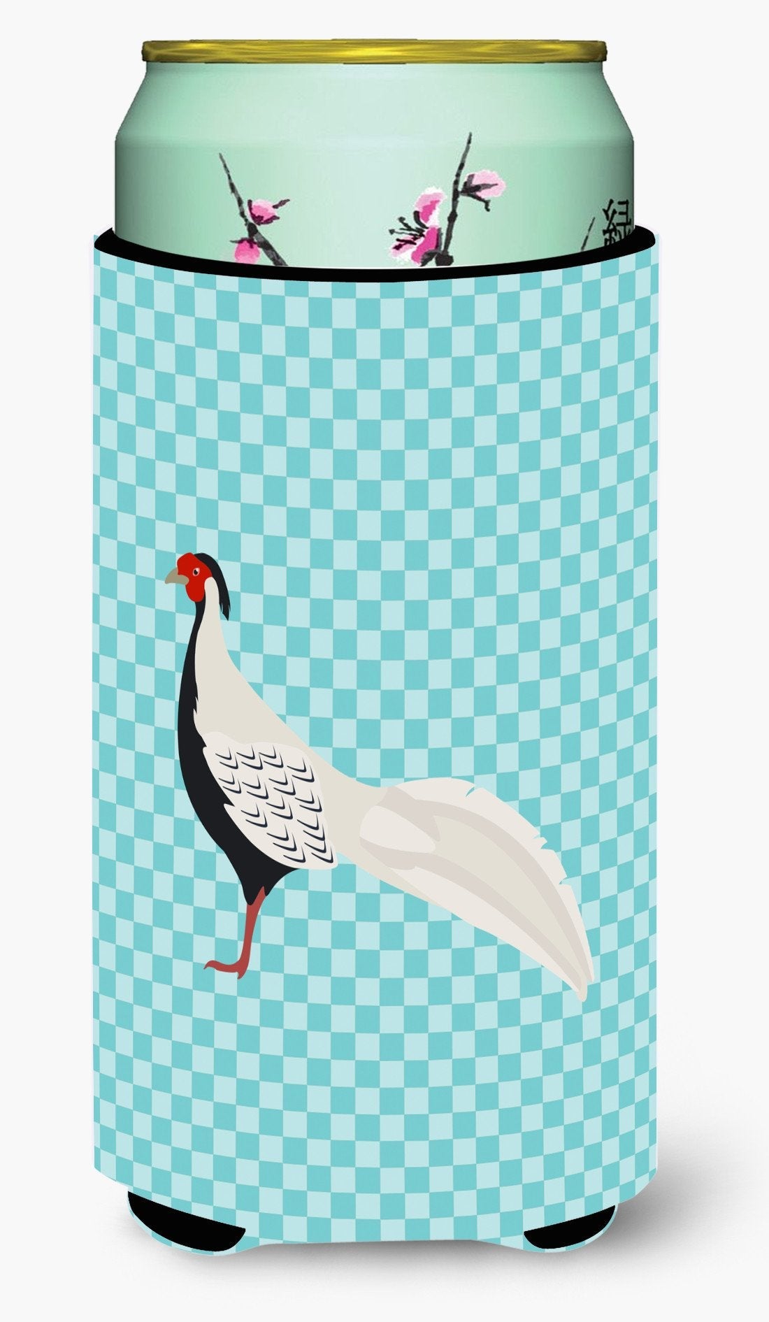 Silver Pheasant Blue Check Tall Boy Hugger Can Cooler Sleeve Machine Washable Drink Collapsible Insulator Beverage Insulated Holder