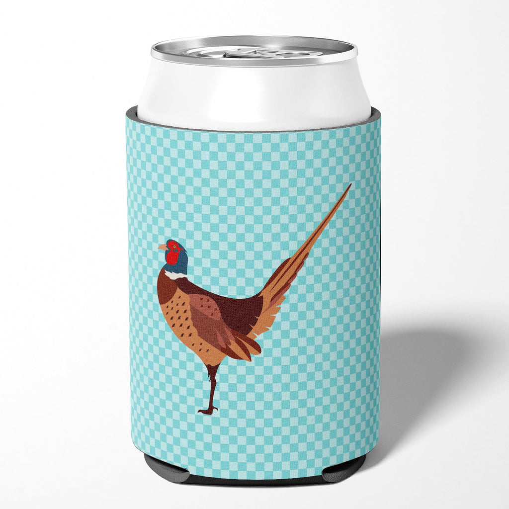 Ring-necked Common Pheasant Blue Check Can or Bottle Hugger Cooler Sleeve for Standard 12 oz Cans, Insulated Foam Beer & Soda Can Hugger Reusable