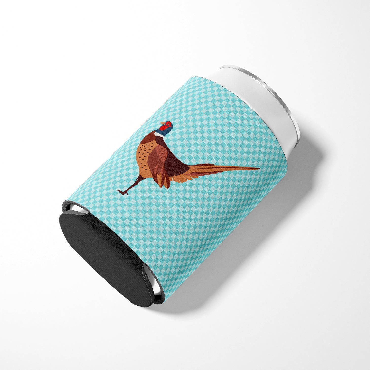 Ring-necked Common Pheasant Blue Check Can or Bottle Hugger Cooler Sleeve for Standard 12 oz Cans, Insulated Foam Beer & Soda Can Hugger Reusable