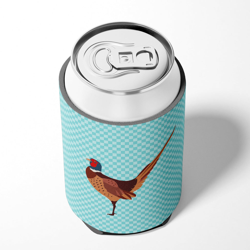 Ring-necked Common Pheasant Blue Check Can or Bottle Hugger Cooler Sleeve for Standard 12 oz Cans, Insulated Foam Beer & Soda Can Hugger Reusable