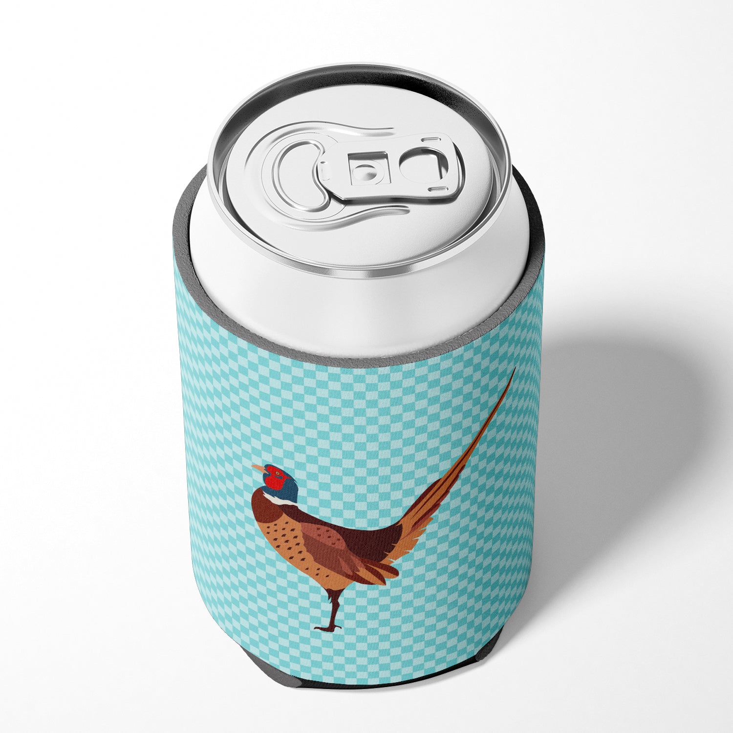 Ring-necked Common Pheasant Blue Check Can or Bottle Hugger Cooler Sleeve for Standard 12 oz Cans, Insulated Foam Beer & Soda Can Hugger Reusable