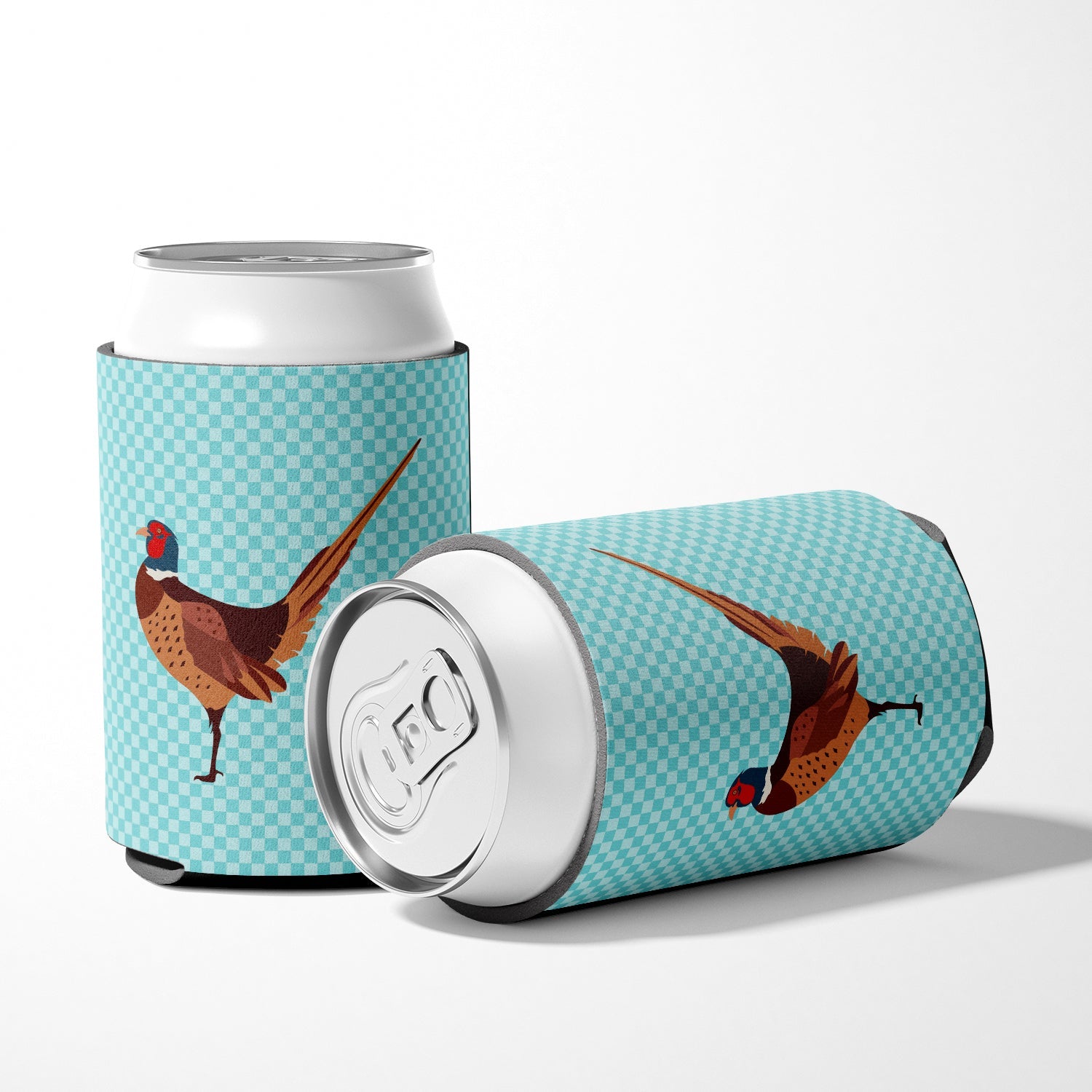 Ring-necked Common Pheasant Blue Check Can or Bottle Hugger Cooler Sleeve for Standard 12 oz Cans, Insulated Foam Beer & Soda Can Hugger Reusable
