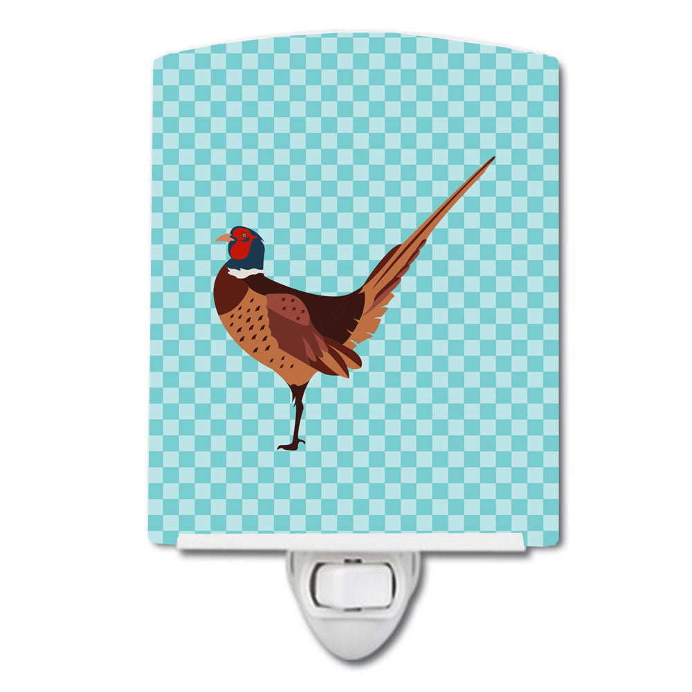Ring-necked Common Pheasant Blue Check Ceramic Night Light Compact, UL-Certified, Ideal for Bedroom, Bathroom, Nursery, Hallway, Kitchen, 6x4x3, Multicolor