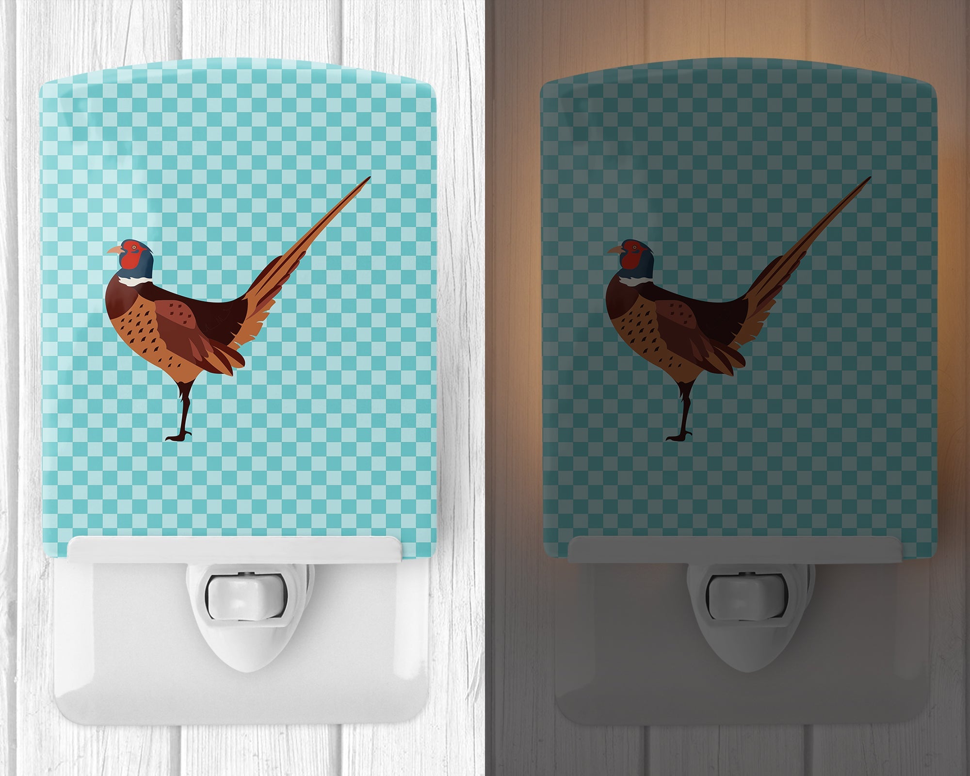 Ring-necked Common Pheasant Blue Check Ceramic Night Light Compact, UL-Certified, Ideal for Bedroom, Bathroom, Nursery, Hallway, Kitchen, 6x4x3, Multicolor