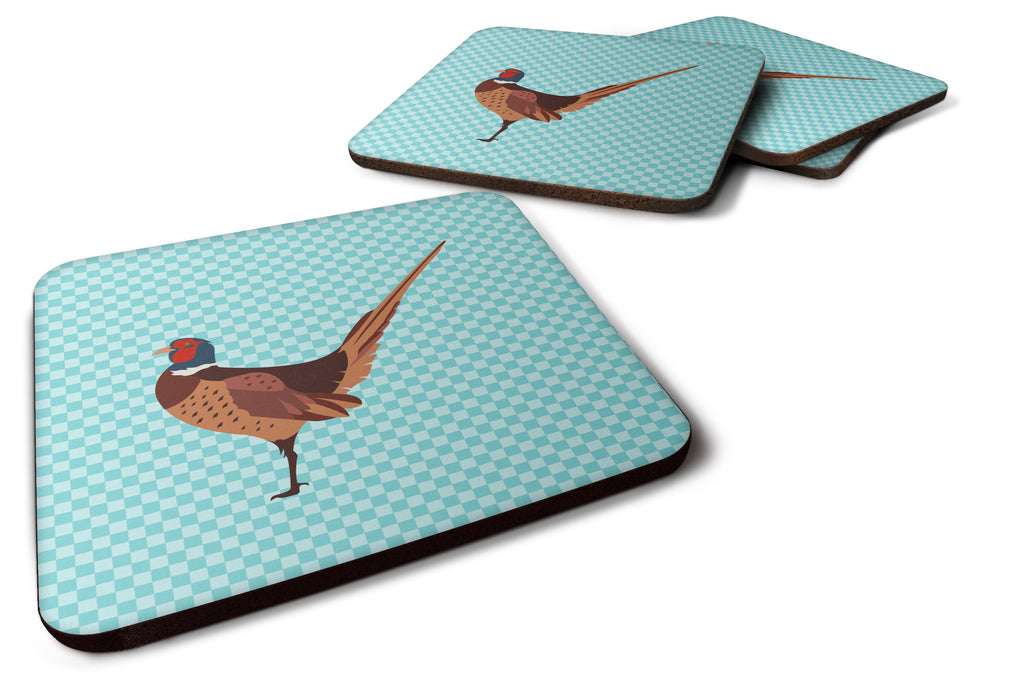 Ring-necked Common Pheasant Blue Check Foam Coasters Set of 4 Cup Coasters for Indoor Outdoor, Tabletop Protection, Anti Slip, Mouse pad Material