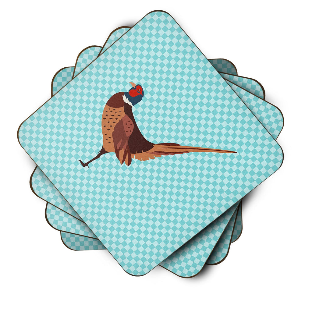 Ring-necked Common Pheasant Blue Check Foam Coasters Set of 4 Cup Coasters for Indoor Outdoor, Tabletop Protection, Anti Slip, Mouse pad Material