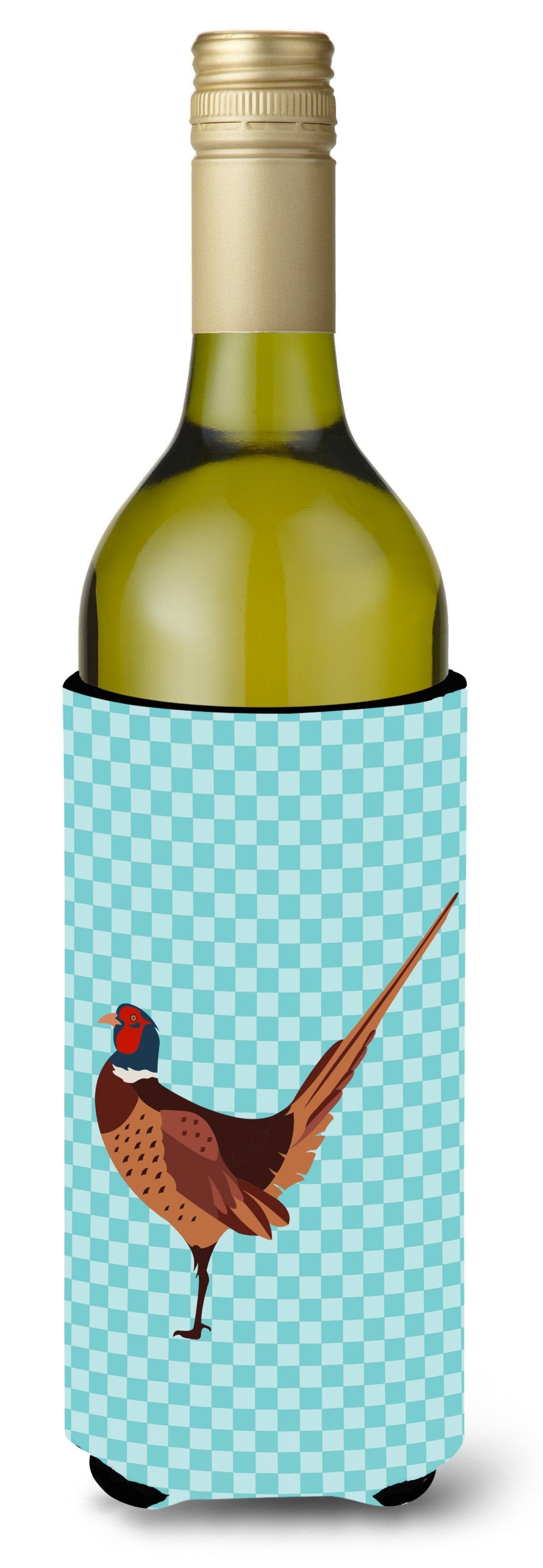 Ring-necked Common Pheasant Blue Check Wine Bottle Hugger Gift Sleeve for Standard 750 ml Bottles, Insulated Reusable Also Fits Mini Shot & Pint Bottles