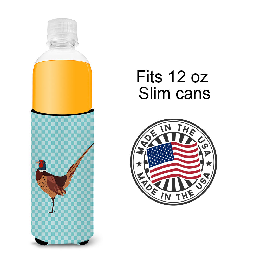 Ring-necked Common Pheasant Blue Check Slim Can Hugger , Insulated Foam Hugger for 12 oz Slim Cans, Beer Bottles & Water Bottles, Printed in USA