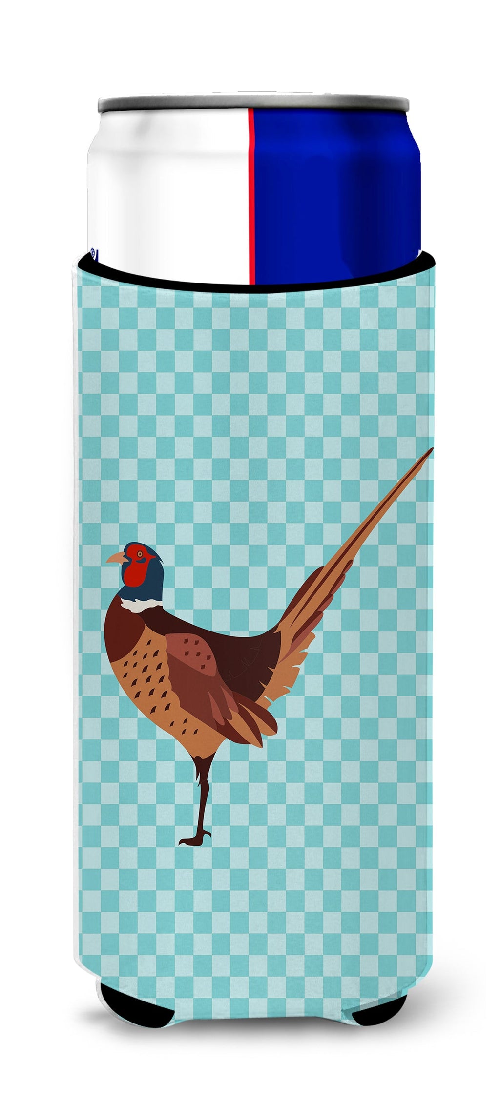 Ring-necked Common Pheasant Blue Check Slim Can Hugger , Insulated Foam Hugger for 12 oz Slim Cans, Beer Bottles & Water Bottles, Printed in USA