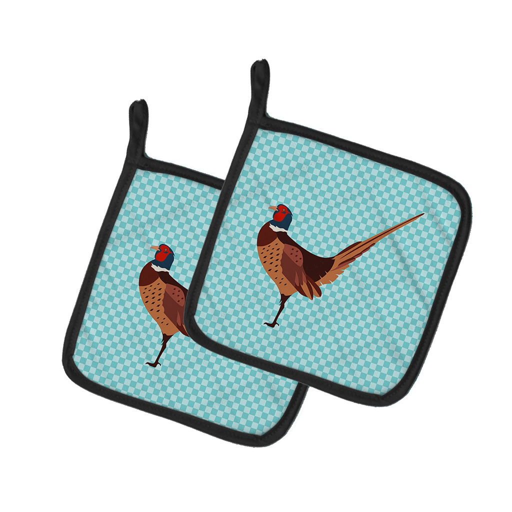 Ring-necked Common Pheasant Blue Check Pot Holder Set of 2 Heat Resistant Quilted Hot Pads 7.5 x 7.5 Inch, Insulated Kitchen Trivets for Cooking & Baking