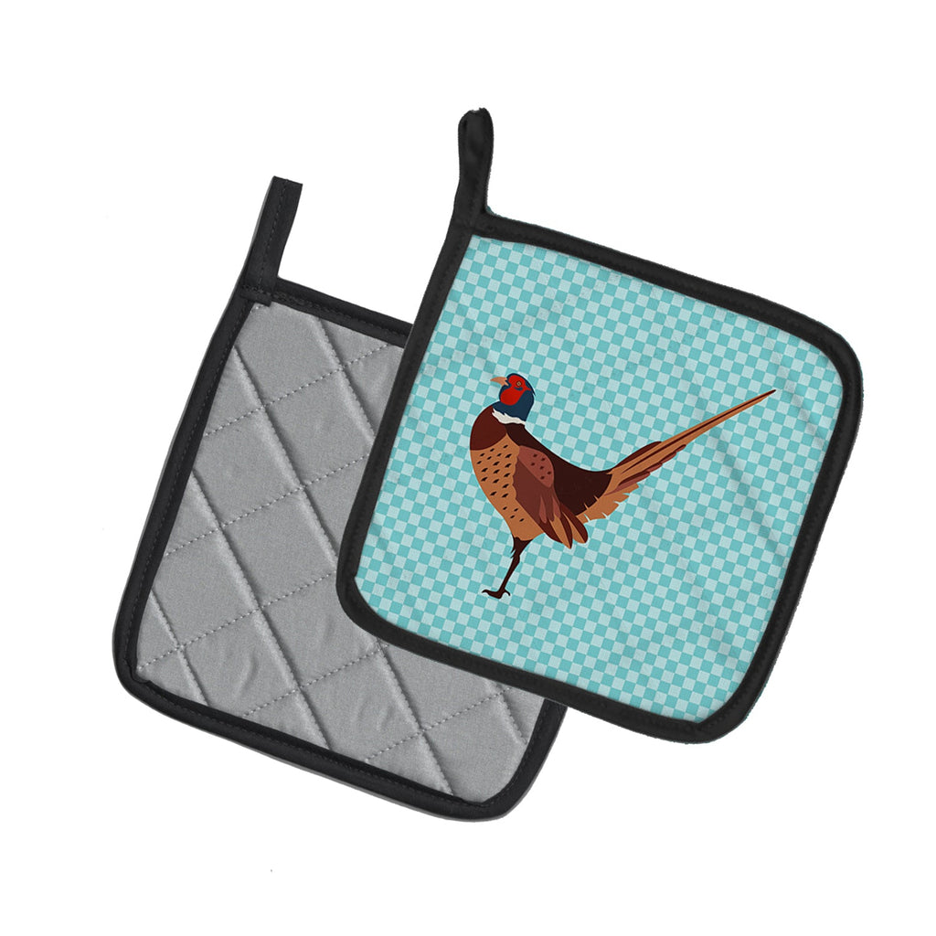 Ring-necked Common Pheasant Blue Check Pot Holder Set of 2 Heat Resistant Quilted Hot Pads 7.5 x 7.5 Inch, Insulated Kitchen Trivets for Cooking & Baking