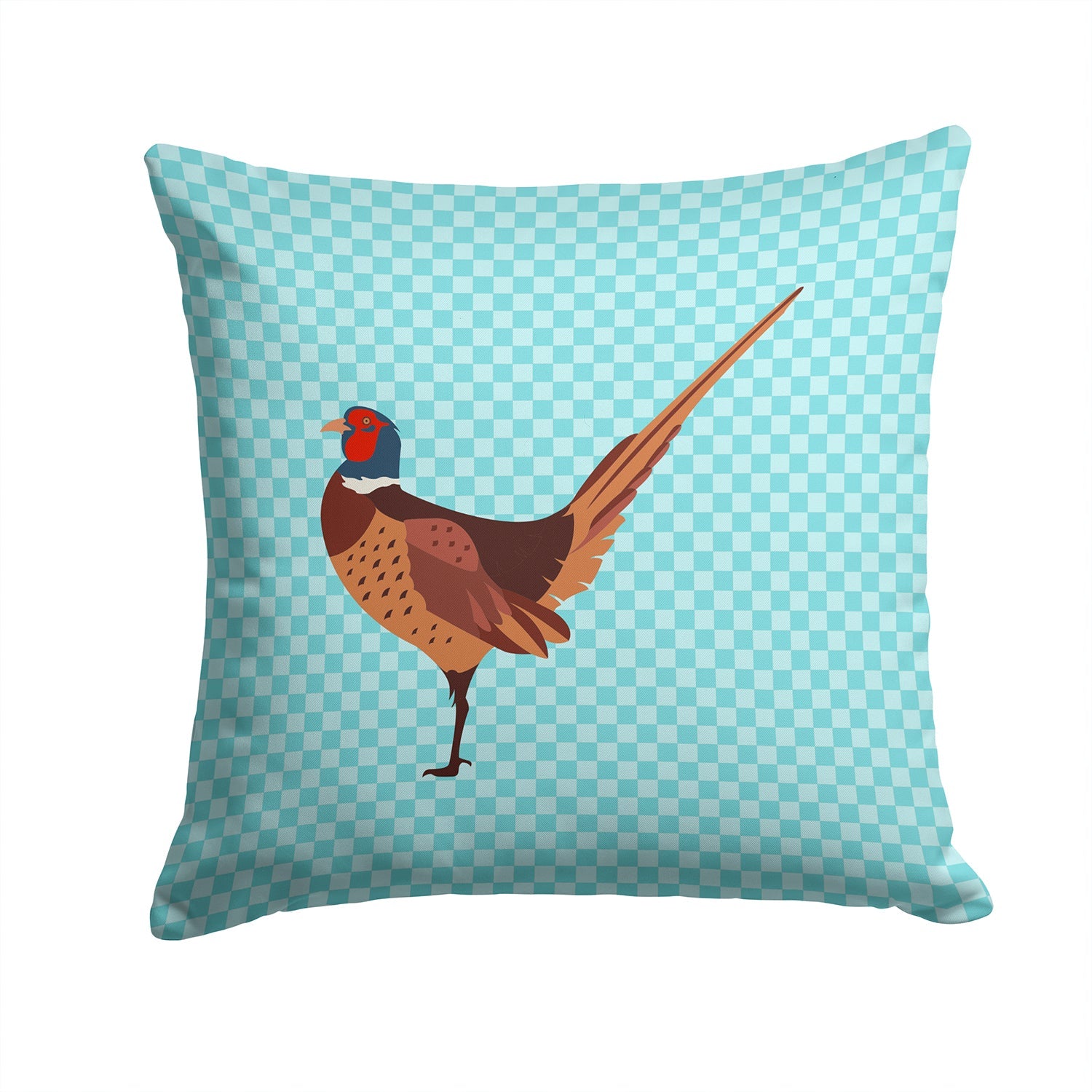 Ring-necked Common Pheasant Blue Check Decorative Throw Pillow 14x14 Indoor Outdoor Accent Cushion, Fabric Cover with Insert for Sofa, Bed, Porch & Living Room