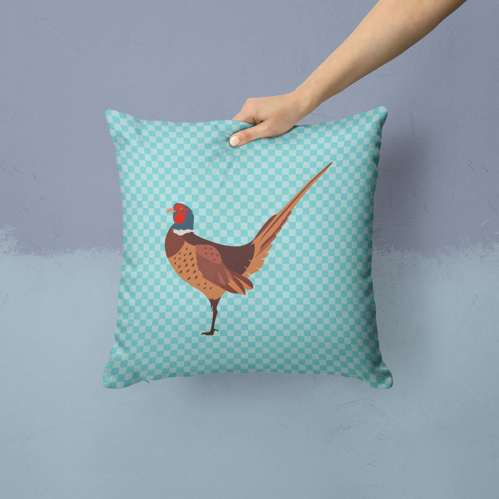 Ring-necked Common Pheasant Blue Check Decorative Throw Pillow 14x14 Indoor Outdoor Accent Cushion, Fabric Cover with Insert for Sofa, Bed, Porch & Living Room