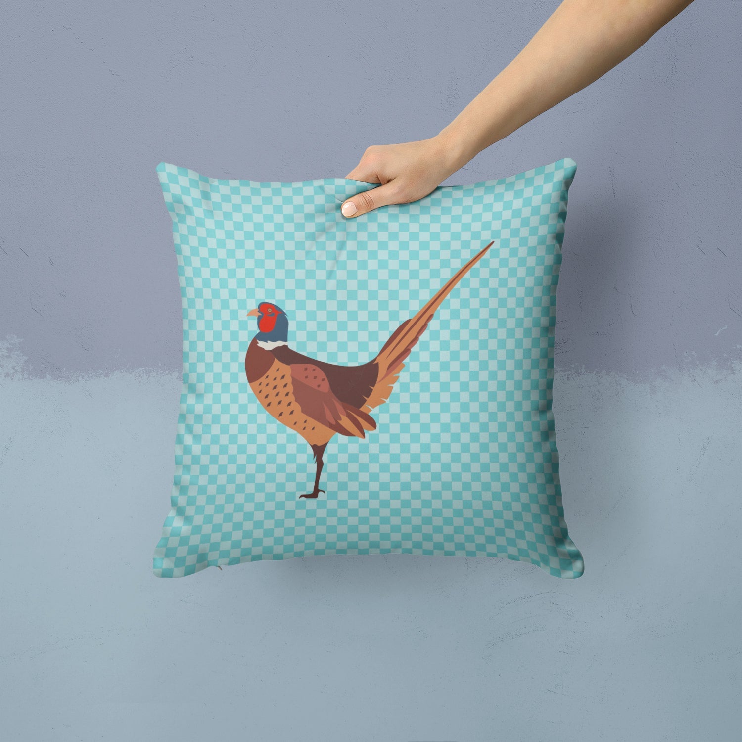 Ring-necked Common Pheasant Blue Check Decorative Throw Pillow 14x14 Indoor Outdoor Accent Cushion, Fabric Cover with Insert for Sofa, Bed, Porch & Living Room