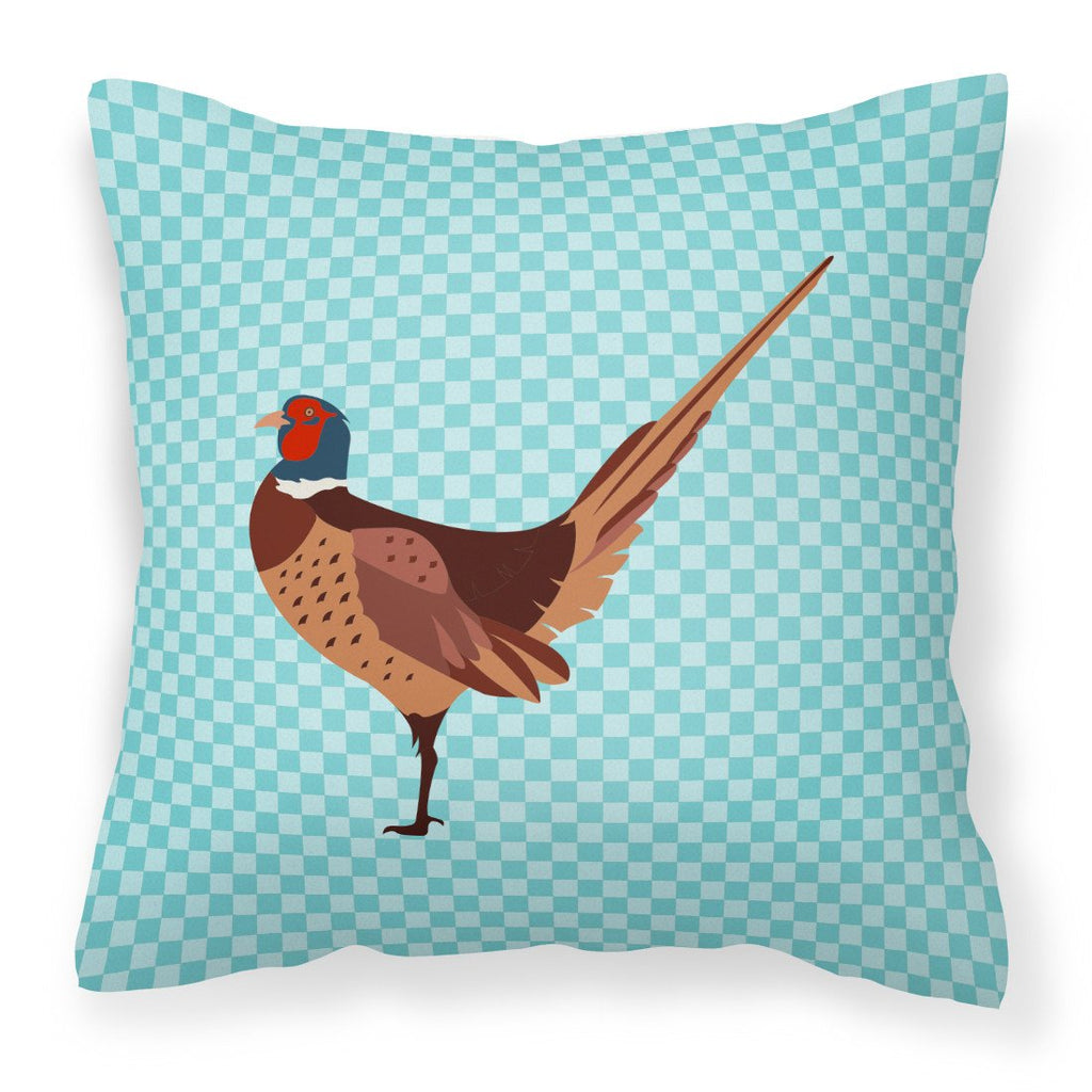 Ring-necked Common Pheasant Blue Check Decorative Throw Pillow 18x18 Indoor Outdoor Accent Cushion, Fabric Cover with Insert for Sofa, Bed, Porch & Living Room