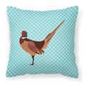 Ring-necked Common Pheasant Blue Check Decorative Throw Pillow 18x18 Indoor Outdoor Accent Cushion, Fabric Cover with Insert for Sofa, Bed, Porch & Living Room