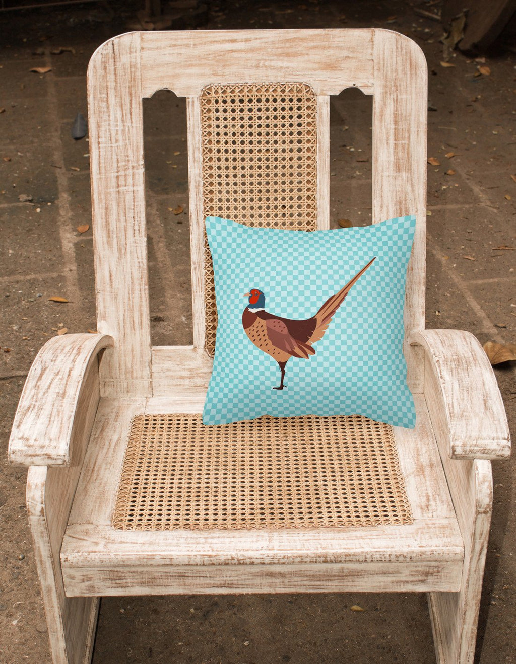 Ring-necked Common Pheasant Blue Check Decorative Throw Pillow 18x18 Indoor Outdoor Accent Cushion, Fabric Cover with Insert for Sofa, Bed, Porch & Living Room