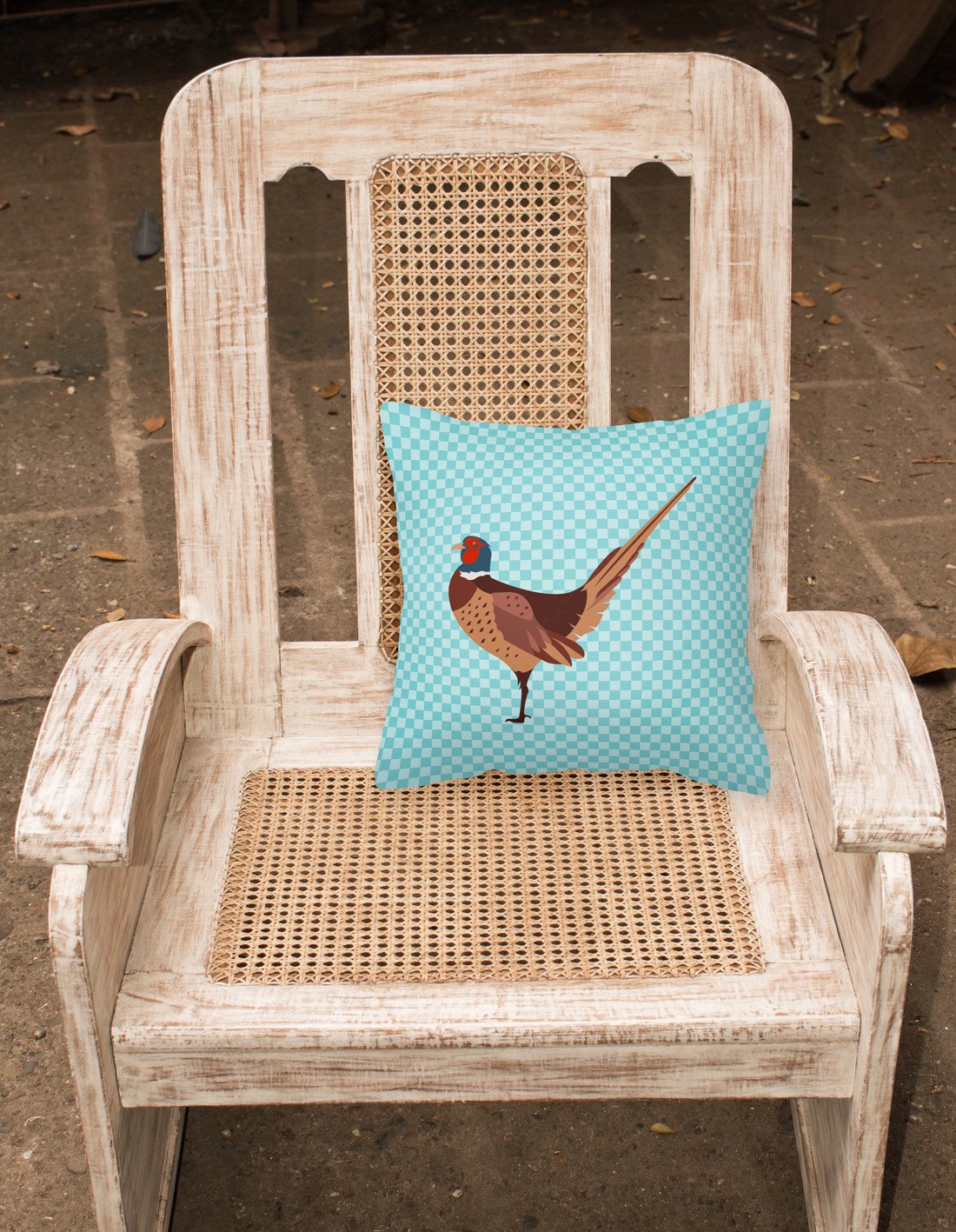 Ring-necked Common Pheasant Blue Check Decorative Throw Pillow 18x18 Indoor Outdoor Accent Cushion, Fabric Cover with Insert for Sofa, Bed, Porch & Living Room