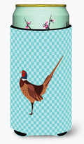 Ring-necked Common Pheasant Blue Check Tall Boy Hugger Can Cooler Sleeve Machine Washable Drink Collapsible Insulator Beverage Insulated Holder