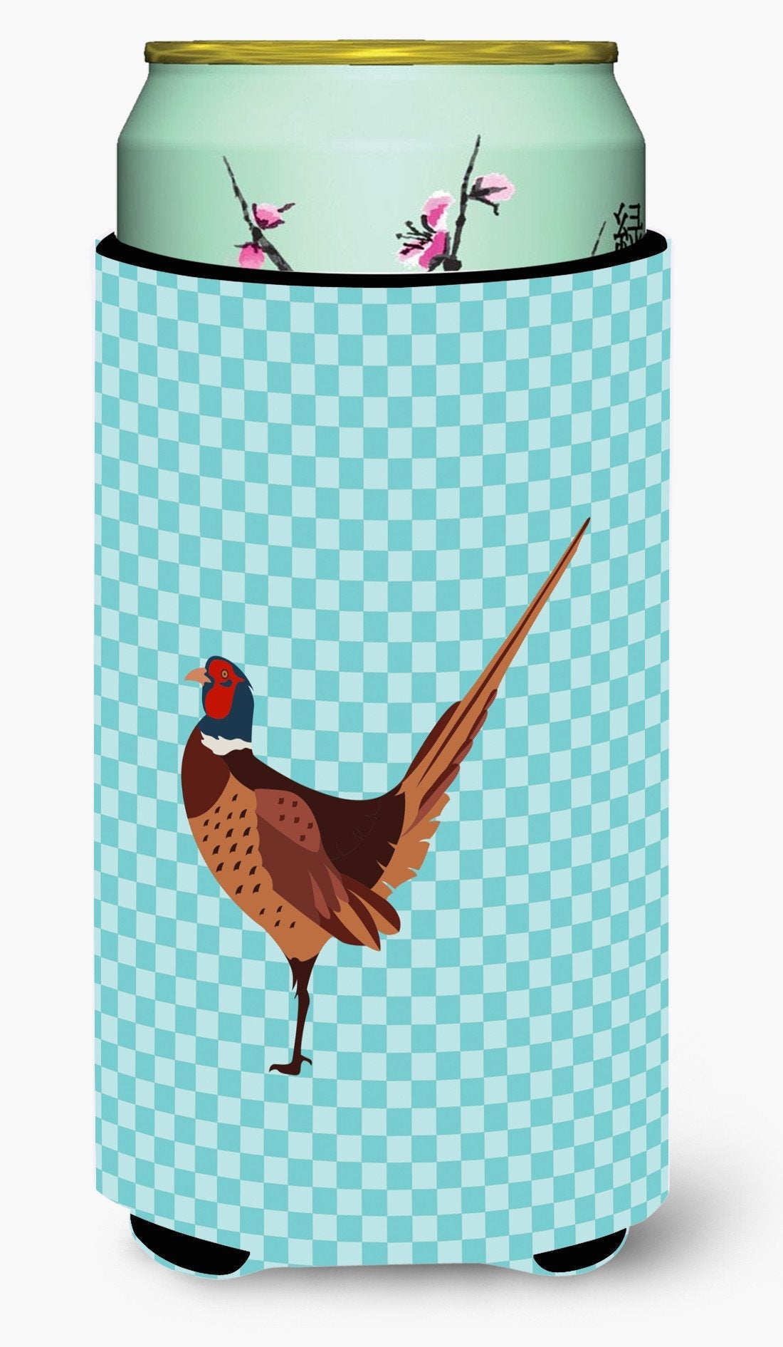 Ring-necked Common Pheasant Blue Check Tall Boy Hugger Can Cooler Sleeve Machine Washable Drink Collapsible Insulator Beverage Insulated Holder