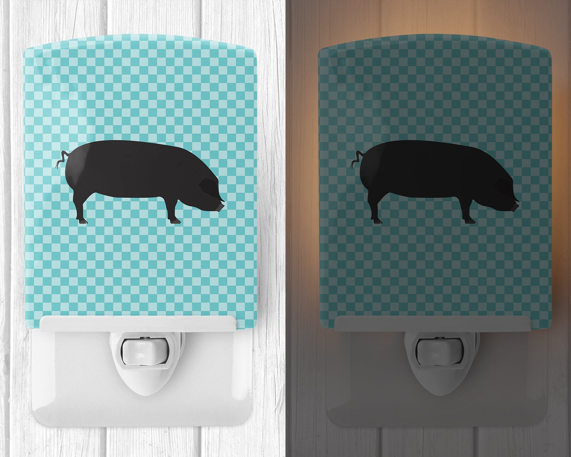 Devon Large Black Pig Blue Check Ceramic Night Light Compact, UL-Certified, Ideal for Bedroom, Bathroom, Nursery, Hallway, Kitchen, 6x4x3, Multicolor