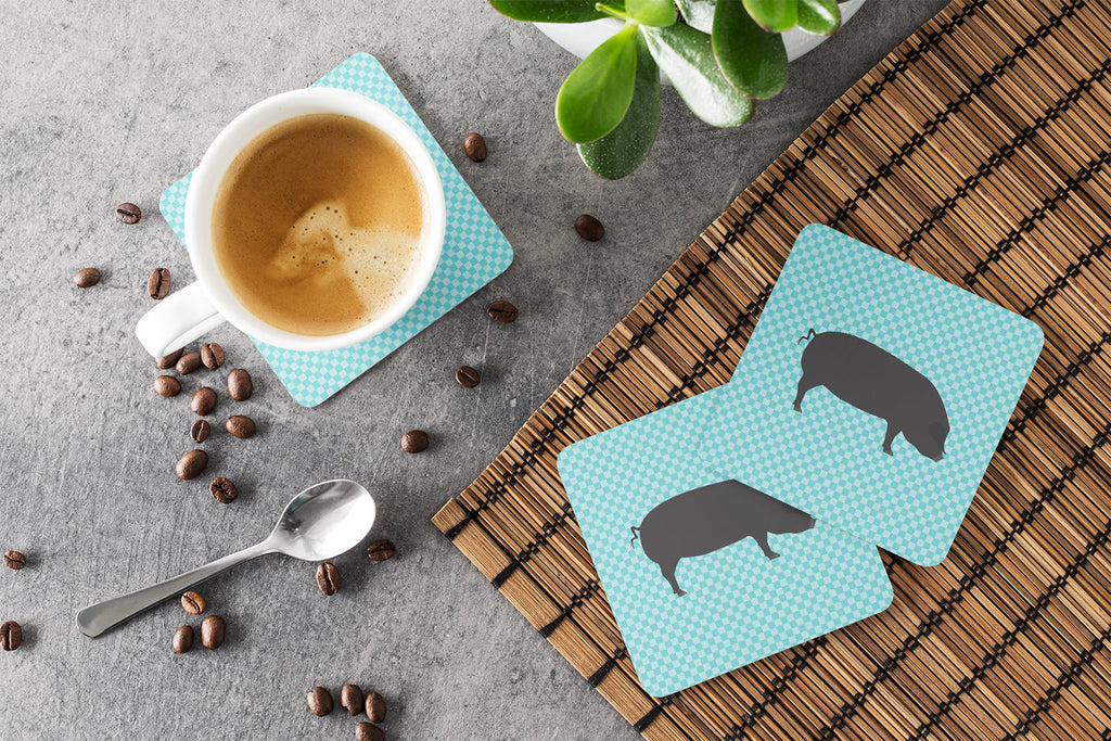 Devon Large Black Pig Blue Check Foam Coasters Set of 4 Cup Coasters for Indoor Outdoor, Tabletop Protection, Anti Slip, Mouse pad Material