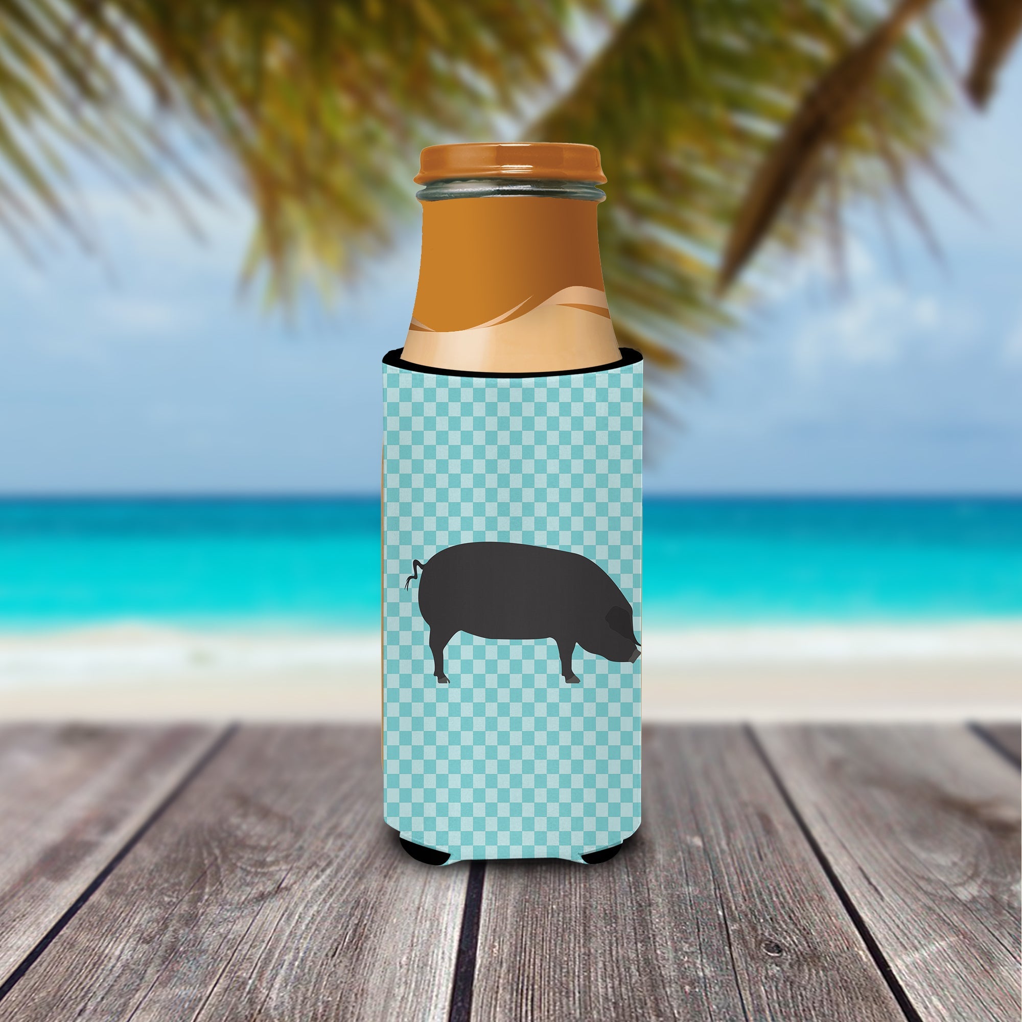 Devon Large Black Pig Blue Check Slim Can Hugger , Insulated Foam Hugger for 12 oz Slim Cans, Beer Bottles & Water Bottles, Printed in USA