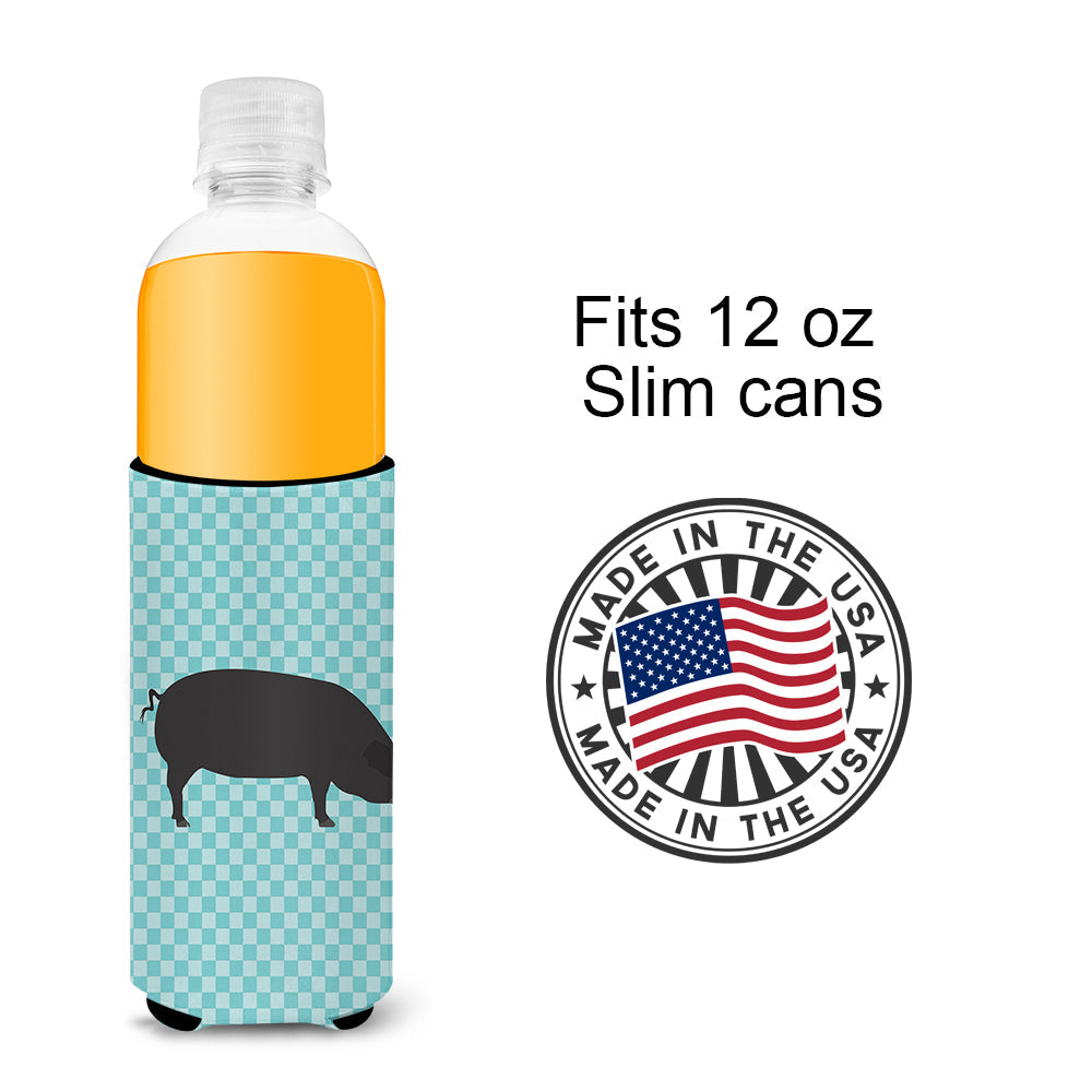Devon Large Black Pig Blue Check Slim Can Hugger , Insulated Foam Hugger for 12 oz Slim Cans, Beer Bottles & Water Bottles, Printed in USA